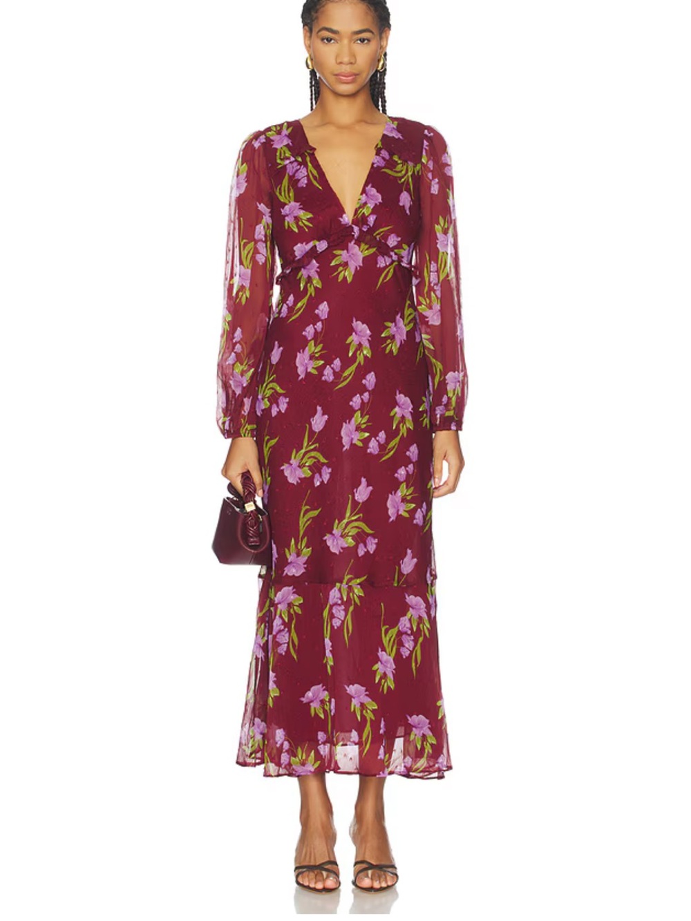 Astr Floral V-Neck Midi Dress - Burgundy with Lavender